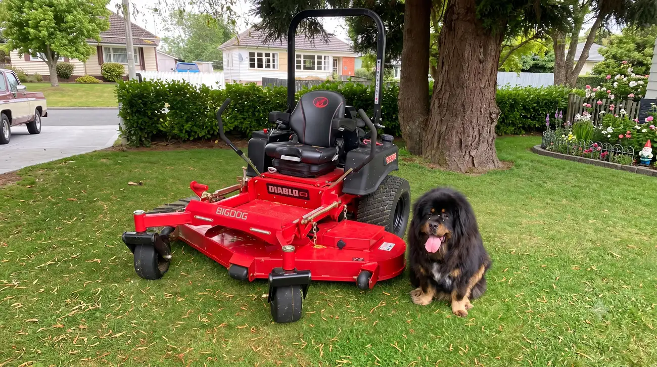 Dirty Deeds Services zero-turn mower on a freshly mowed Waikato lawn