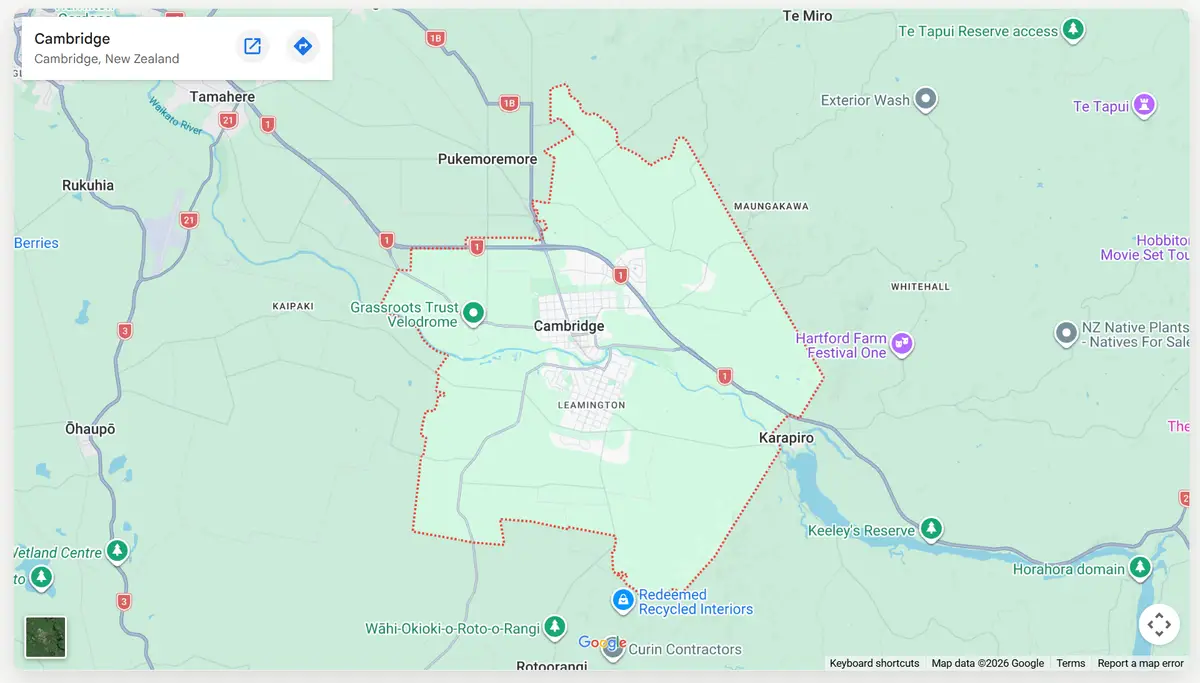Map of Cambridge and surrounding Waikato service area